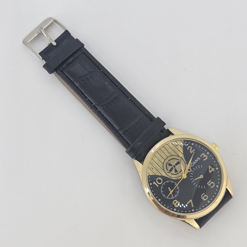 Men's Analog Watch 38MM Black Dial Black Faux Leather‎ Bands New Battery